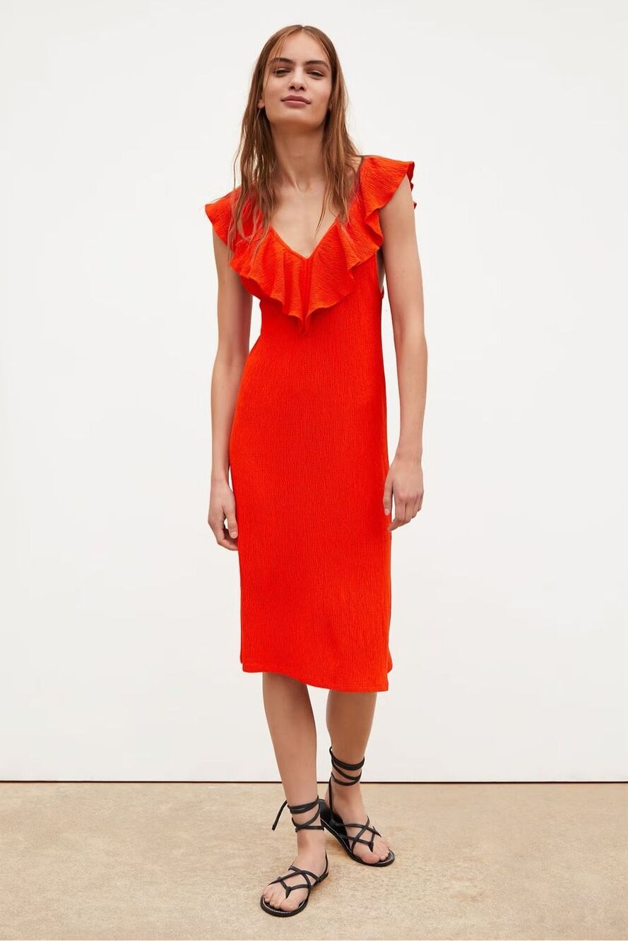 ✨Zara Red Midi Ruffled Neckline Sz Medium Dress✨